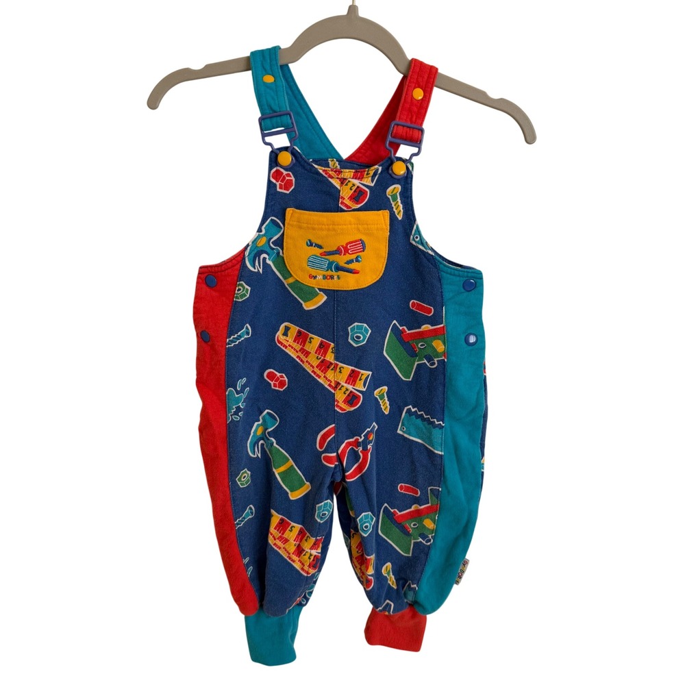 Vintage 90s Gymboree Baby Blue Tool Print Colorblock Knit Overalls 12-18 Months